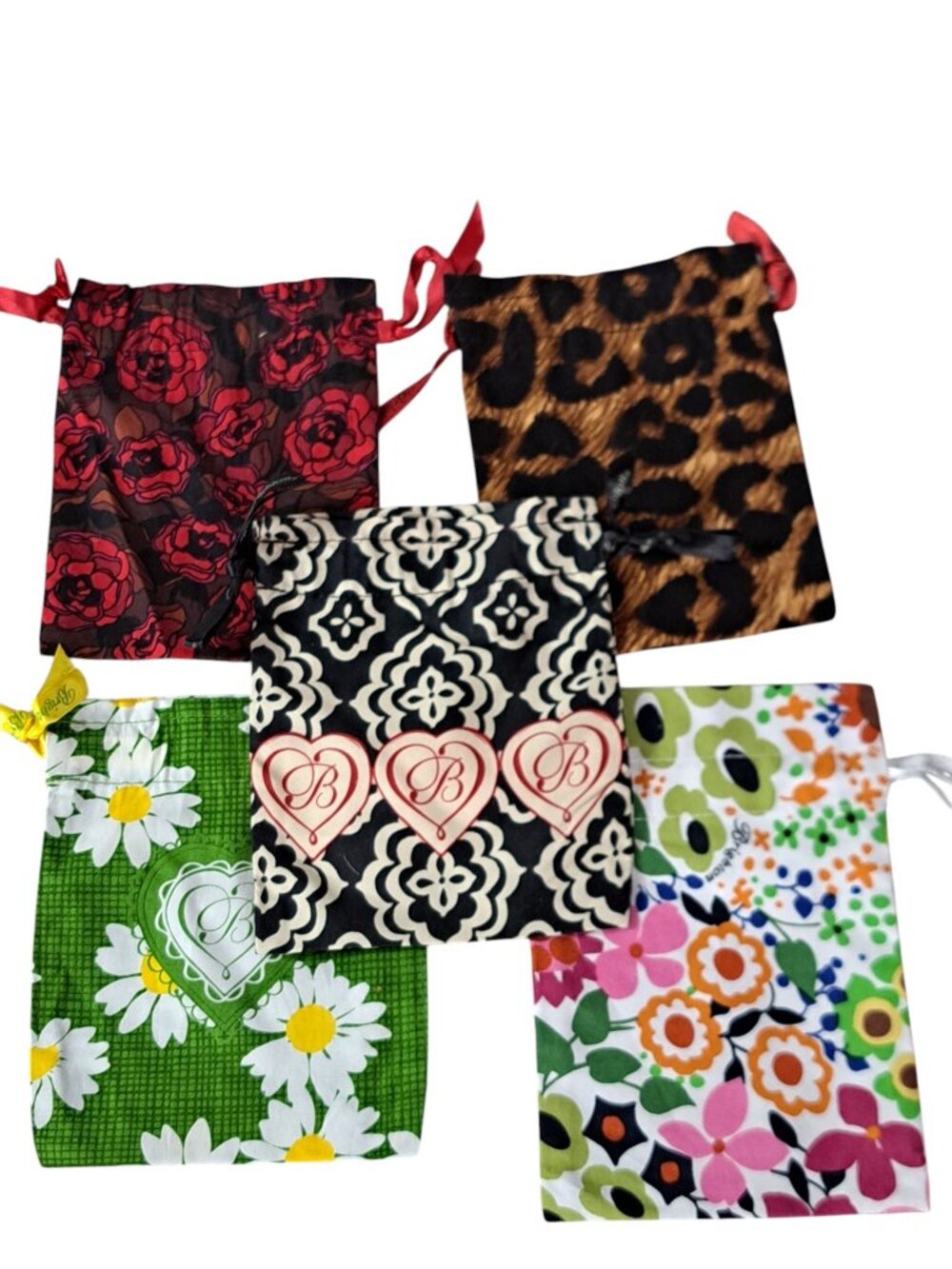 Lot Of 5 Brighton Drawstring Jewelry Multi Color Fabric Dust Bags Small 6"x5" .